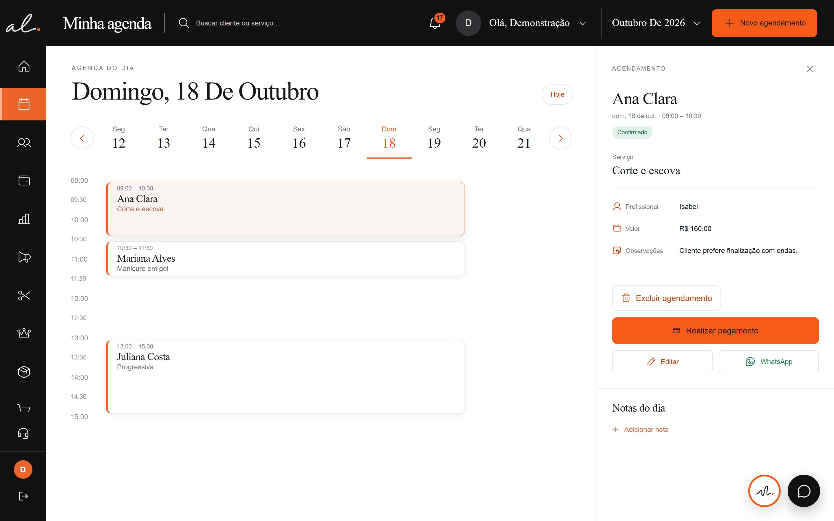 Agenda de um salão com o detalhe do atendimento — dados de demonstração