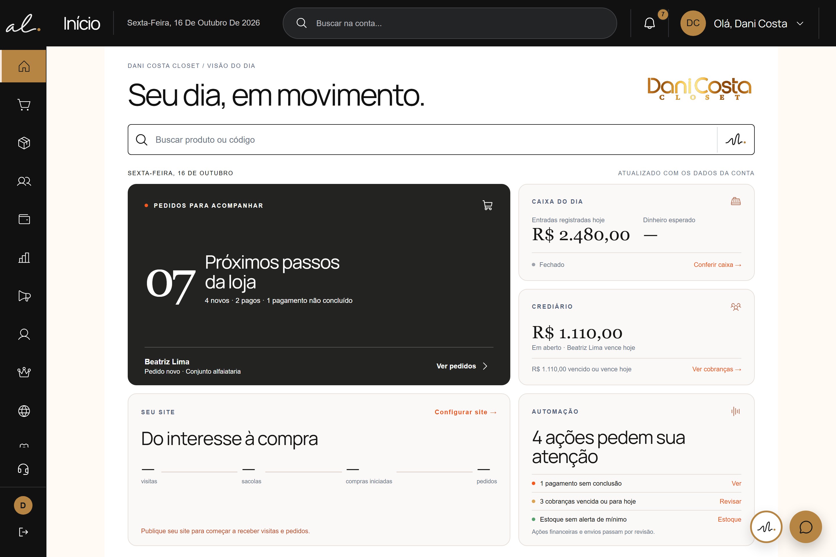 Início de uma loja de moda — dados de demonstração
