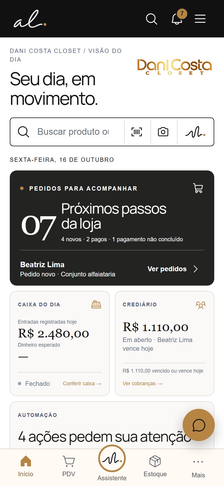 Home · dados fictícios da Dani Costa Closet