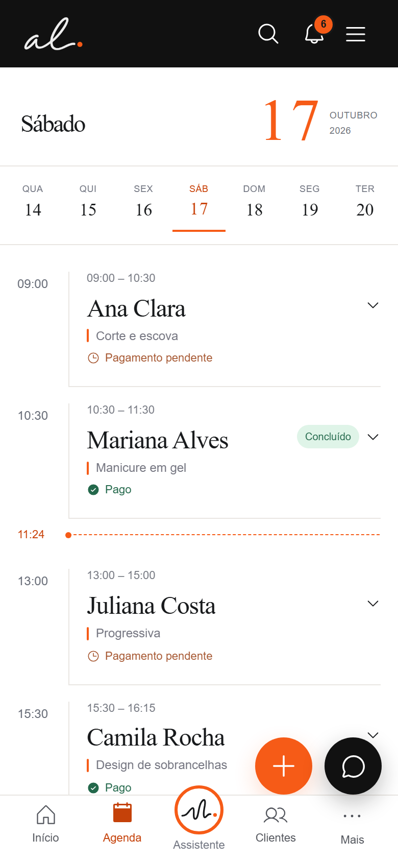 Agenda do aplicativo com horários e pagamentos — dados fictícios