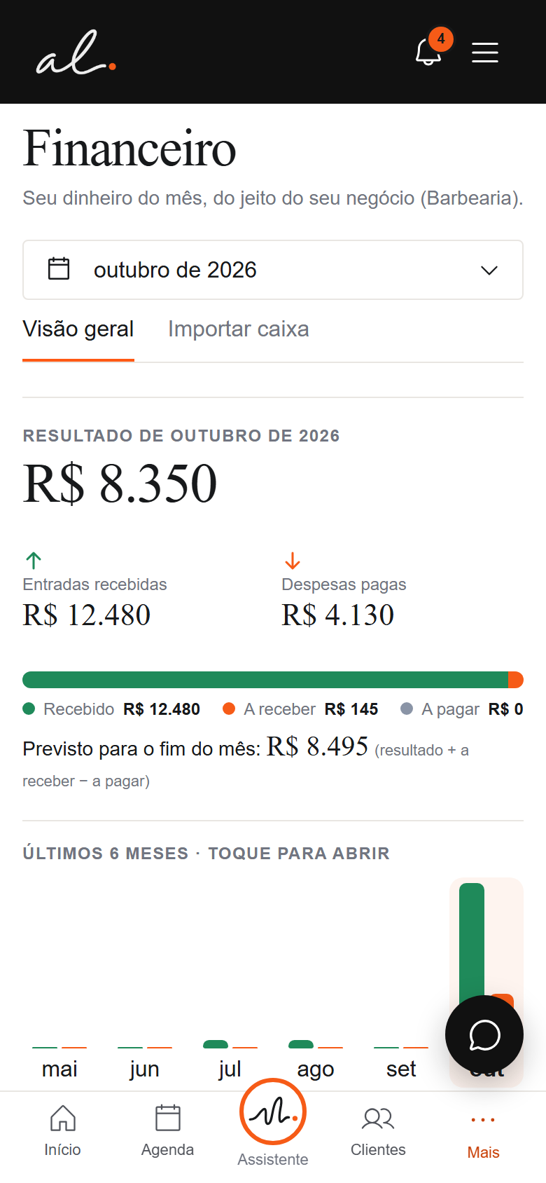 Financeiro do aplicativo com entradas e despesas — dados fictícios