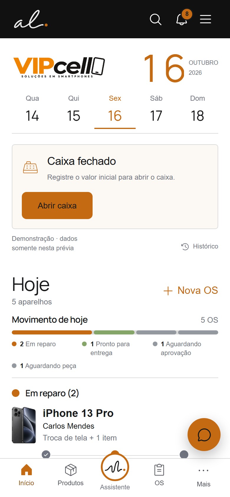 Home da VipCell com ordens de serviço fictícias